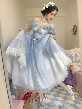 Vestidos de Lolita de hadas con rosas y flores en azul cielo claro vestido largo de Lolita con volantes y escote bajo