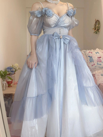 Vestidos de Lolita de hadas con rosas y flores en azul cielo claro vestido largo de Lolita con volantes y escote bajo