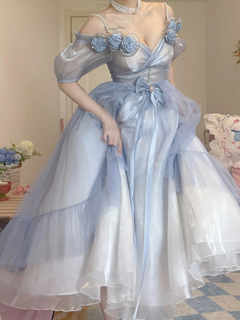 Azul celeste claroVestidos de Lolita de hadas con rosas y flores en azul cielo claro vestido largo de Lolita con volantes y escote bajo