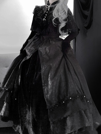 黒ゴシックロリータドレス ヴィンテージレトロロリータファッション レースフリル 長袖ロリータロングドレス