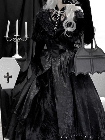 黒ゴシックロリータドレス ヴィンテージレトロロリータファッション レースフリル 長袖ロリータロングドレス