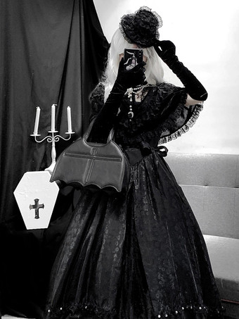 黒ゴシックロリータドレス ヴィンテージレトロロリータファッション レースフリル 長袖ロリータロングドレス