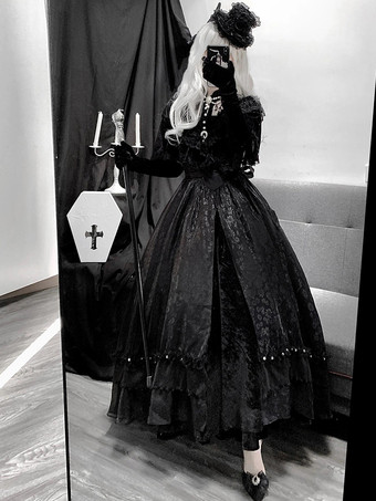 黒ゴシックロリータドレス ヴィンテージレトロロリータファッション レースフリル 長袖ロリータロングドレス