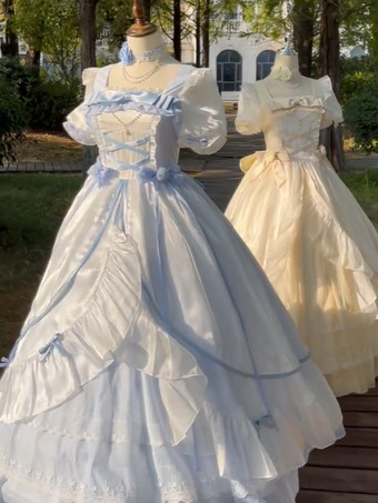 ライトスカイブルーフェアリーロリータドレス シャンパンリボンフリル 半袖 スイートドレス
