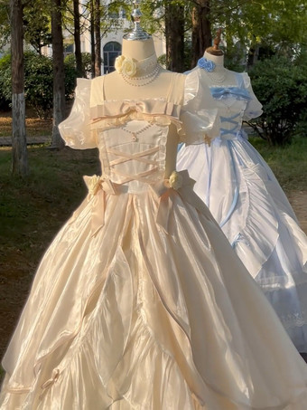 シャンパンカラーフェアリーロリータドレス シャンパンリボンフリル 半袖 スイートドレス