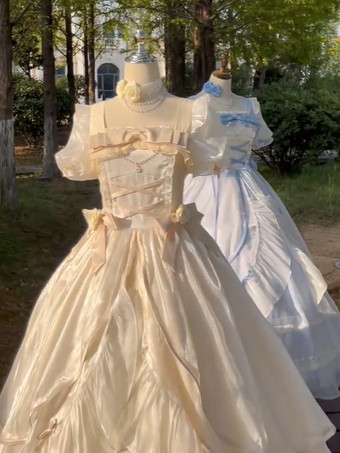 フェアリーロリータドレス シャンパンリボンフリル 半袖 スイートドレス