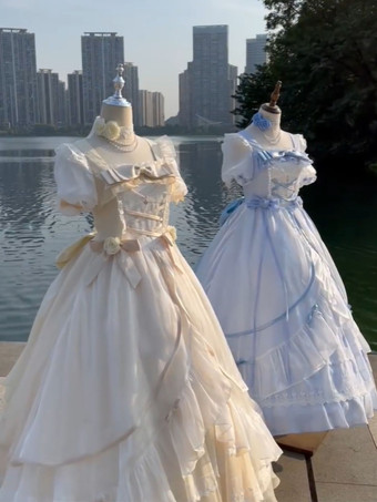 フェアリーロリータドレス シャンパンリボンフリル 半袖 スイートドレス