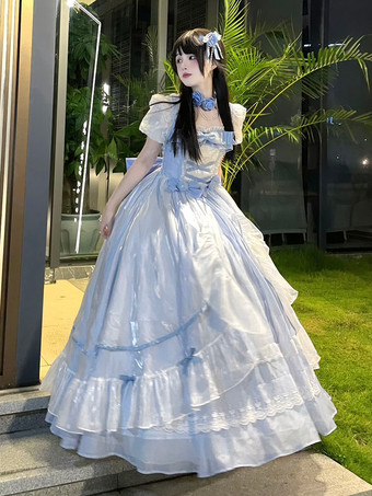 ライトスカイブルーリボントレーン付きブルーフェアリードレス、ロリータファッション、ライトスカイブルーのリボン、フリル、レースアップ、半袖、スイートロリータドレス