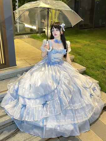 リボントレーン付きブルーフェアリードレス、ロリータファッション、ライトスカイブルーのリボン、フリル、レースアップ、半袖、スイートロリータドレス
