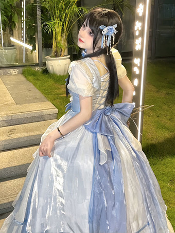 リボントレーン付きブルーフェアリードレス、ロリータファッション、ライトスカイブルーのリボン、フリル、レースアップ、半袖、スイートロリータドレス