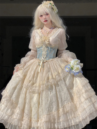 ChampagnerChampagnerfarbenes Feenkleid im Lolita-Stil mit Schnürung Korsett langen Ärmeln und süßem Lolita-Kleid