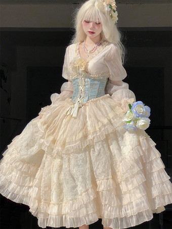 Champagnerfarbenes Feenkleid im Lolita-Stil mit Schnürung Korsett langen Ärmeln und süßem Lolita-Kleid