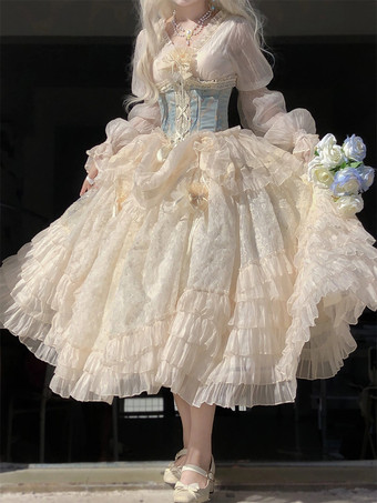 Champagnerfarbenes Feenkleid im Lolita-Stil mit Schnürung Korsett langen Ärmeln und süßem Lolita-Kleid