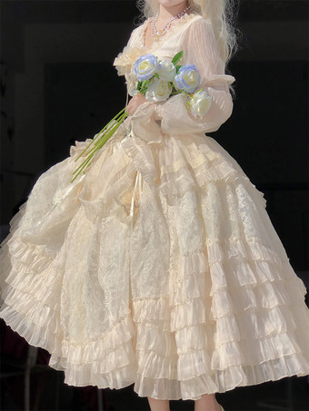 Champagnerfarbenes Feenkleid im Lolita-Stil mit Schnürung Korsett langen Ärmeln und süßem Lolita-Kleid