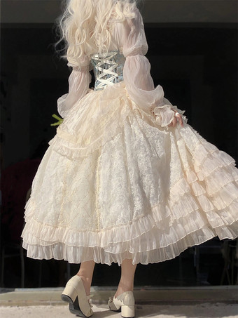 Champagnerfarbenes Feenkleid im Lolita-Stil mit Schnürung Korsett langen Ärmeln und süßem Lolita-Kleid