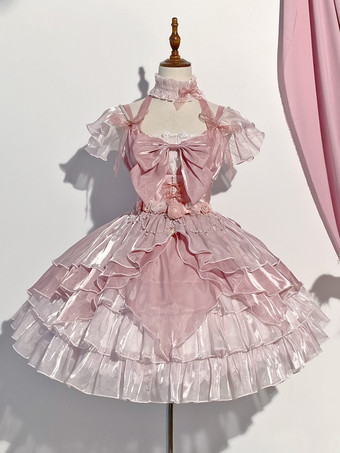 RosaVestido Lolita Hime rosa dulce de poliéster con cuello halter y faja conjunto de vestido corto dulce