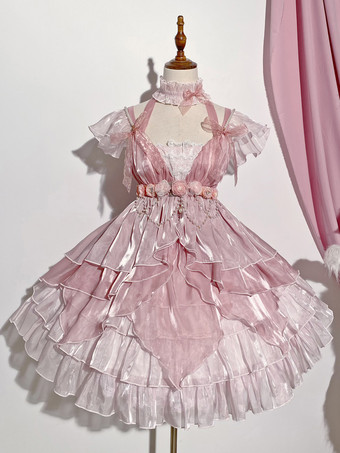 Vestido Lolita Hime rosa dulce de poliéster con cuello halter y faja conjunto de vestido corto dulce