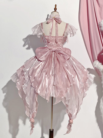 Vestido Lolita Hime rosa dulce de poliéster con cuello halter y faja conjunto de vestido corto dulce