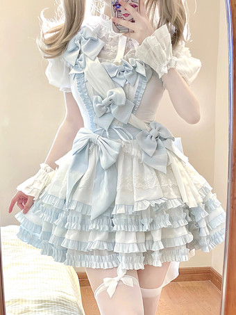 ライトスカイブルースイートロリータドレス ポリエステル 半袖 フリル リボン ライトスカイブルー ロリータドレス トレーン付き