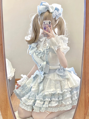 スイートロリータドレス ポリエステル 半袖 フリル リボン ライトスカイブルー ロリータドレス トレーン付き