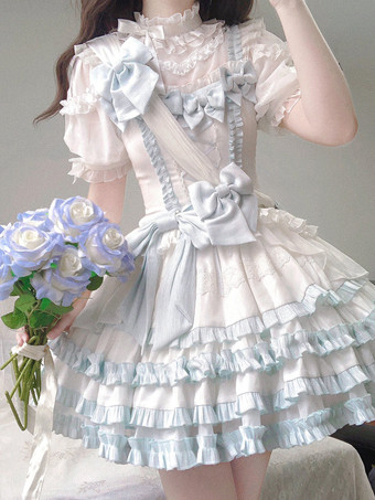 スイートロリータドレス ポリエステル 半袖 フリル リボン ライトスカイブルー ロリータドレス トレーン付き