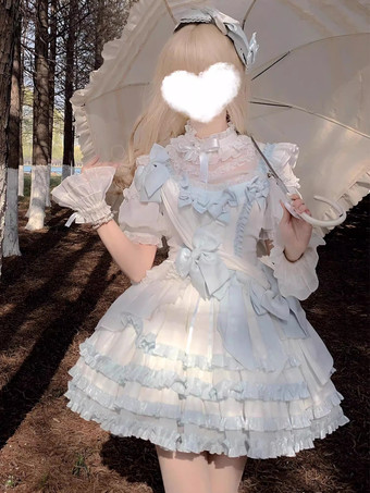 スイートロリータドレス ポリエステル 半袖 フリル リボン ライトスカイブルー ロリータドレス トレーン付き