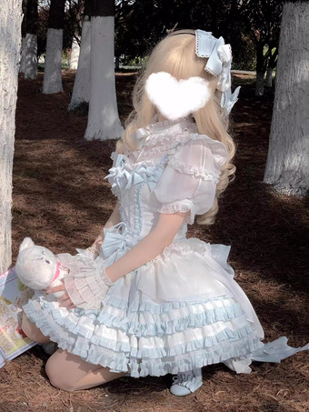 スイートロリータドレス ポリエステル 半袖 フリル リボン ライトスカイブルー ロリータドレス トレーン付き