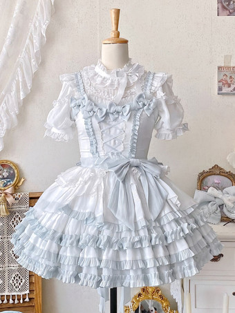 スイートロリータドレス ポリエステル 半袖 フリル リボン ライトスカイブルー ロリータドレス トレーン付き