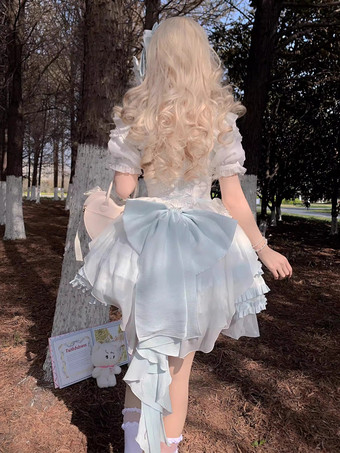 スイートロリータドレス ポリエステル 半袖 フリル リボン ライトスカイブルー ロリータドレス トレーン付き