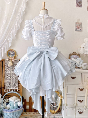 スイートロリータドレス ポリエステル 半袖 フリル リボン ライトスカイブルー ロリータドレス トレーン付き