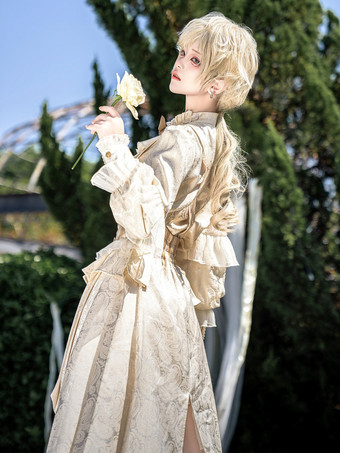 王子王子 ロリータ ホワイト トップ ドレス セット フリル レース ロングスリーブ ロリータ セット