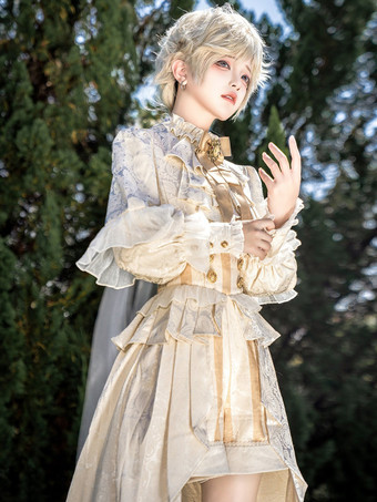 王子王子 ロリータ ホワイト トップ ドレス セット フリル レース ロングスリーブ ロリータ セット