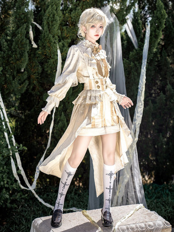 王子王子 ロリータ ホワイト トップ ドレス セット フリル レース ロングスリーブ ロリータ セット