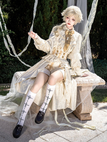 王子王子 ロリータ ホワイト トップ ドレス セット フリル レース ロングスリーブ ロリータ セット