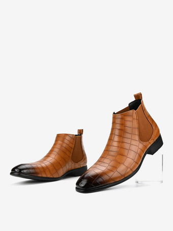 ブラウンのアンクルブーツ メンズ ラウンドトゥ ストーン柄 チェルシーブーツ