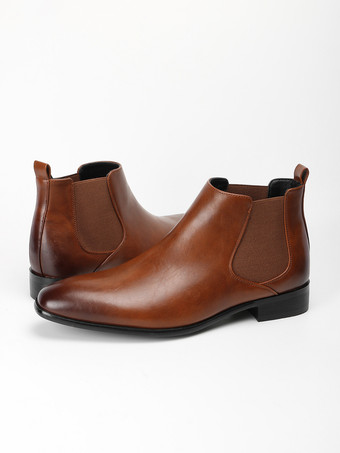 ブラウンメンズ チェルシーブーツ スクエアトゥ スリッポン フラット ドレス アンクルブーツ