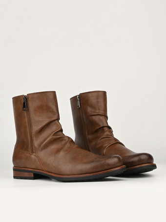 メンズ アンクルブーツ ラウンドトゥ ルーシュ ジップアップ ブーティ