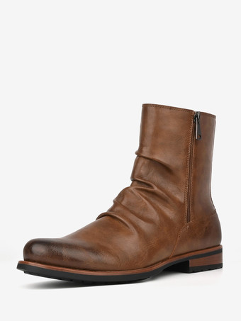 ブラウン メンズ アンクルブーツ ラウンドトゥ ルーシュ ジップアップ ブーティ