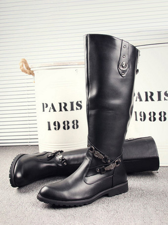 Botas de montar para hombre negras con punta redonda y detalle de hebilla hasta la rodilla