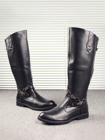 Botas de montar para hombre negras con punta redonda y detalle de hebilla hasta la rodilla