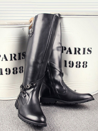 Botas de montar para hombre negras con punta redonda y detalle de hebilla hasta la rodilla