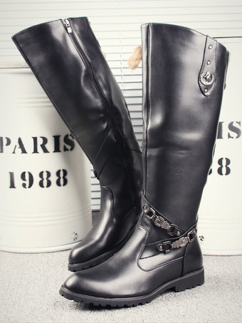 Botas de montar para hombre negras con punta redonda y detalle de hebilla hasta la rodilla