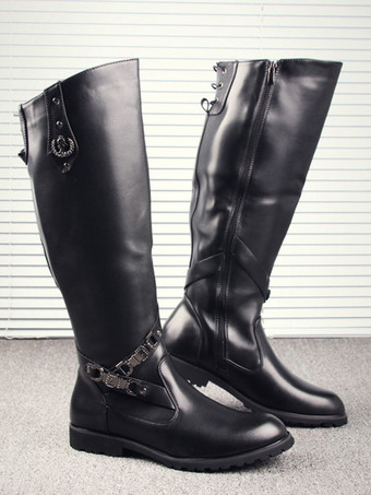 Botas de montar para hombre negras con punta redonda y detalle de hebilla hasta la rodilla