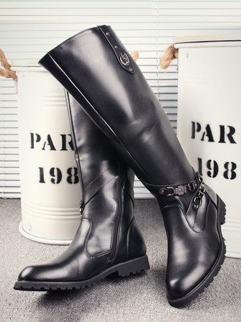 Botas de montar para hombre negras con punta redonda y detalle de hebilla hasta la rodilla