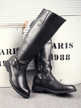 Botas de montar para hombre negras con punta redonda y detalle de hebilla hasta la rodilla