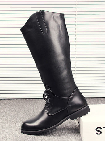 メンズ 乗馬ブーツ ブラック ラウンドトゥ レースアップ ニーハイブーツ