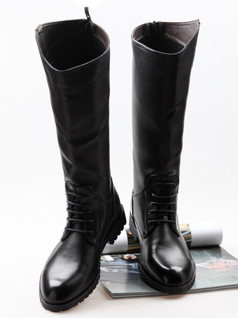 メンズ 乗馬ブーツ ブラック ラウンドトゥ レースアップ ニーハイブーツ
