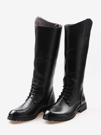 メンズ 乗馬ブーツ ブラック ラウンドトゥ レースアップ ニーハイブーツ