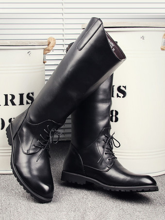 メンズ 乗馬ブーツ ブラック ラウンドトゥ レースアップ ニーハイブーツ
