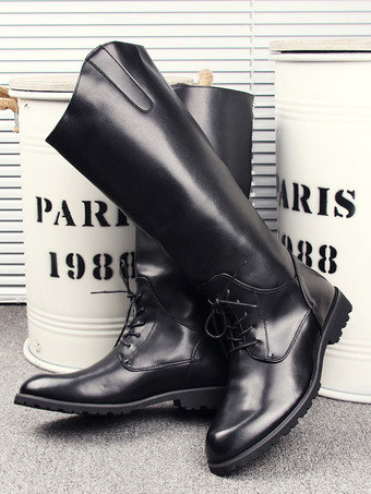 メンズ 乗馬ブーツ ブラック ラウンドトゥ レースアップ ニーハイブーツ